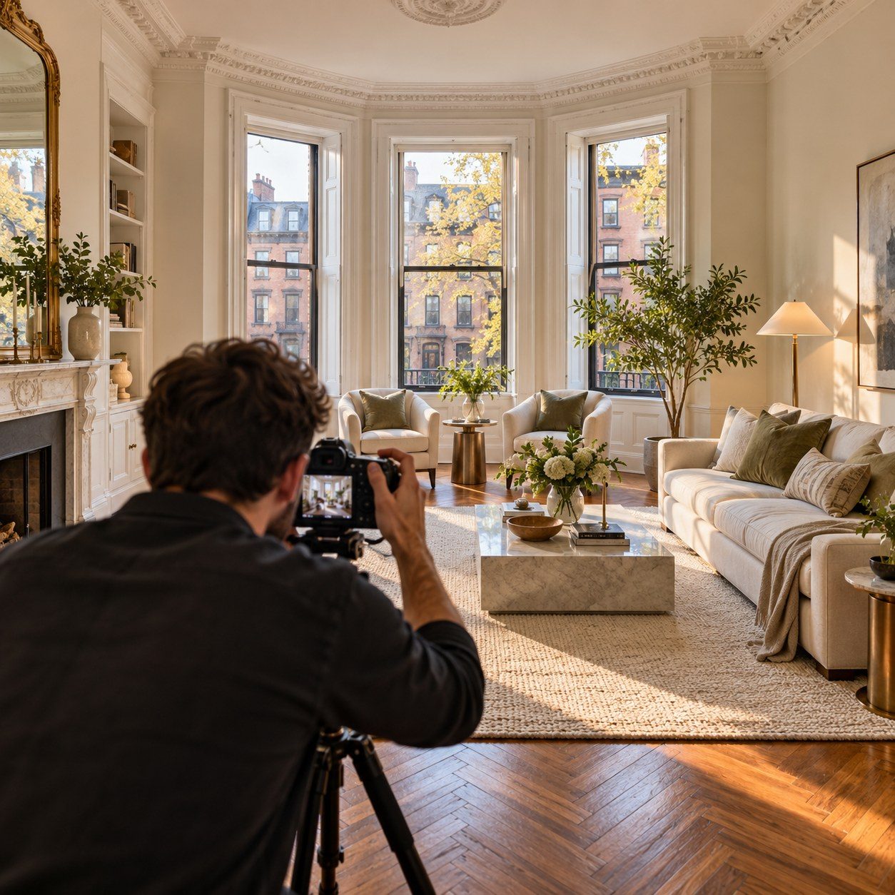 A photographer shooting a staged Boston brownstone living room